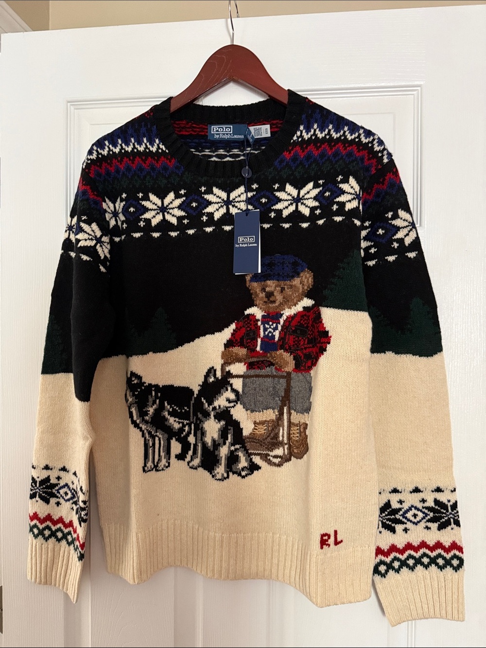Polo by Ralph Lauren Bear & Sled Crewneck Sweater in Black, Cream, Red